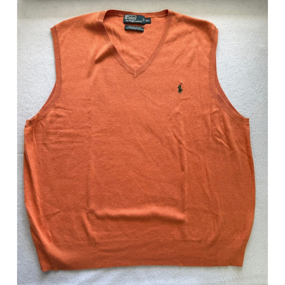 Polo Ralph Lauren Mens XXL Fall Orange 100% Pima Cotton V-Neck Sweater Vest Pony